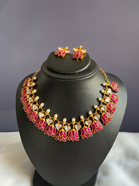 Kundan lotus necklace with studs