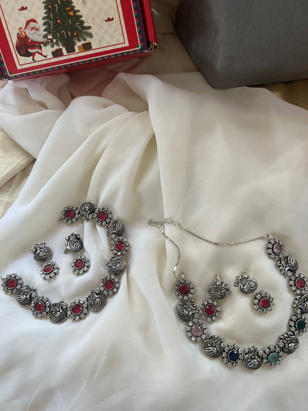 Oxidised stone Mayil necklace with studs