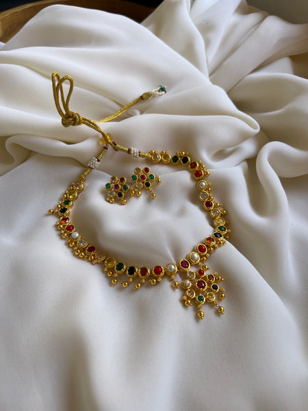 Navaratna ad flower necklace with studs