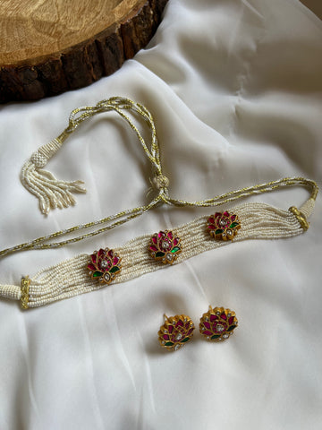 PRE BOOK -Pearl choker with Kundan lotus studs with earrings