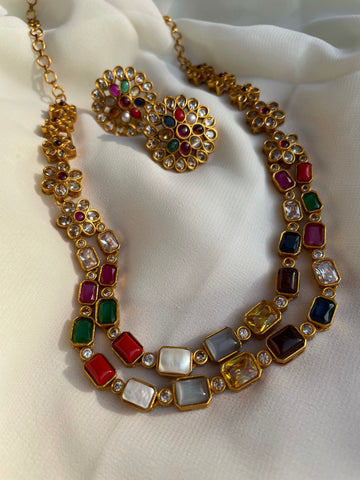 2 layer Navaratna flower necklace with big studs