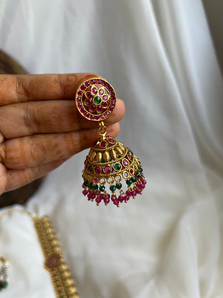 Kemp flower Lakshmi coin haram with Jhumkas