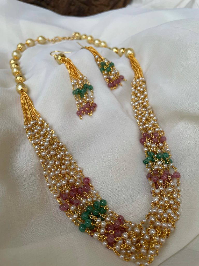 Multi color Pearl maala with earrings 8 12 14 layer House of Jhumkas