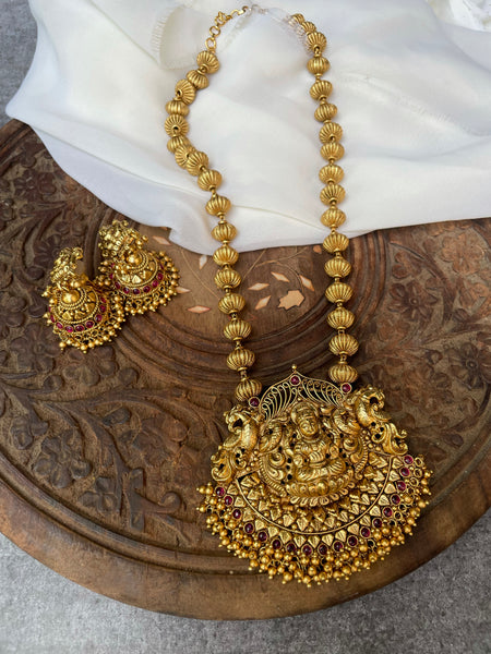 Antique temple necklace with Lakshmi jhumkas