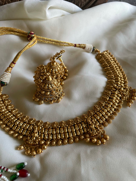 Antique 3 golden Lakshmi necklace with Jhumkas