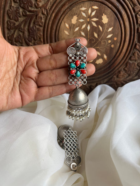 Oxidised stone flower long jhumkas