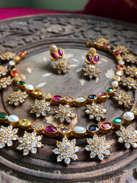 Navaratna flower drop necklace ( in 2 styles)