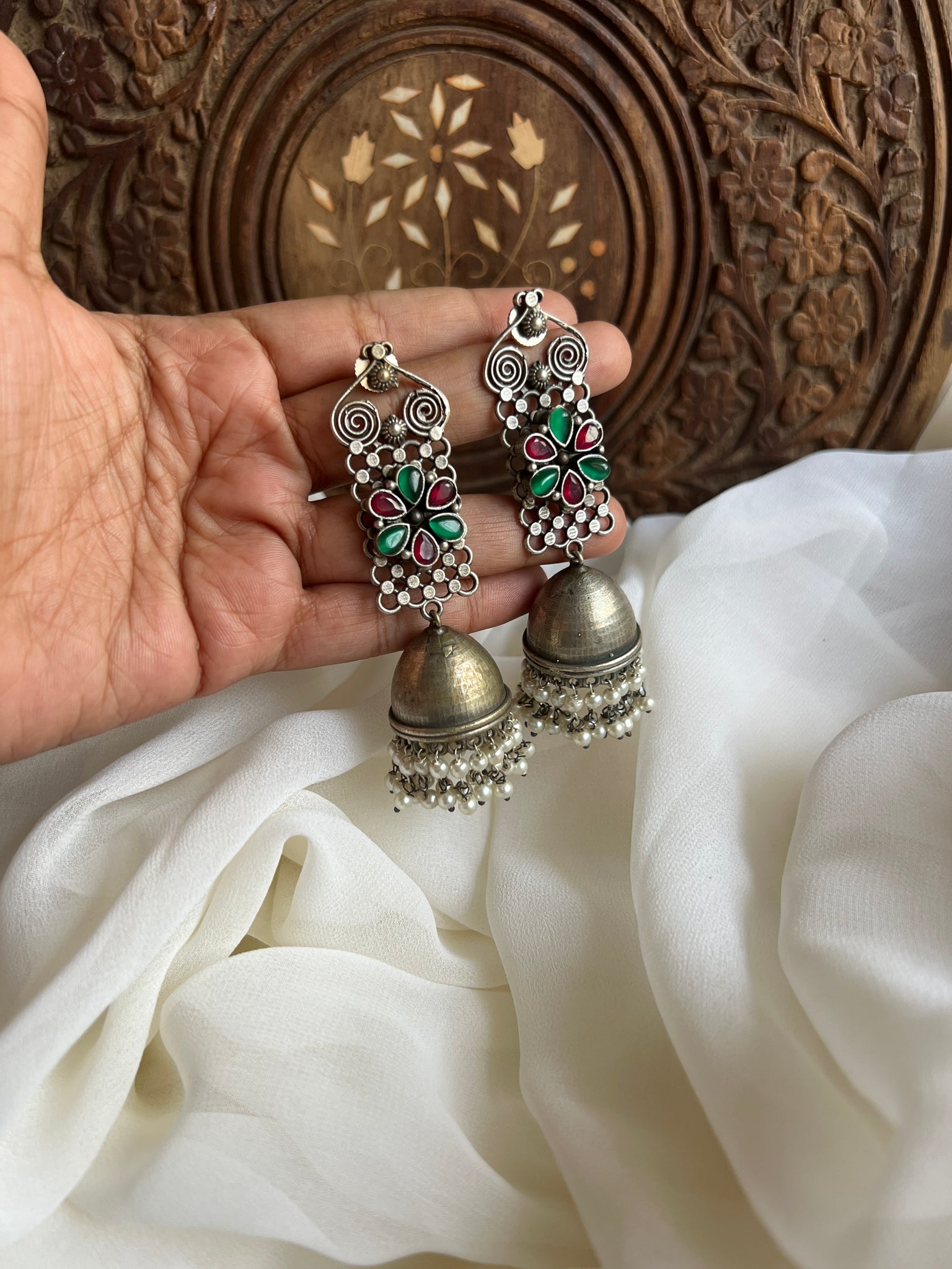 Oxidised stone flower long jhumkas