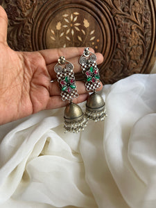 Oxidised stone flower long jhumkas