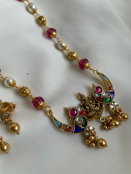 Kundan bird Lakshmi pendant in maala with studs