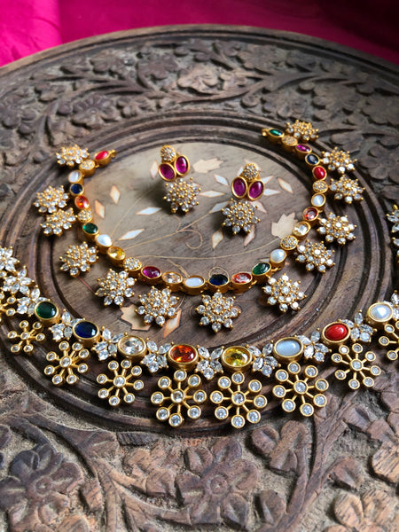 Navaratna flower drop necklace ( in 2 styles)