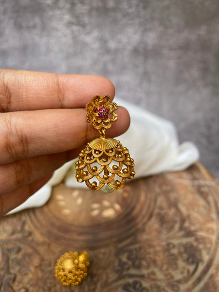 Small cutwork jhumkas with ruby flower