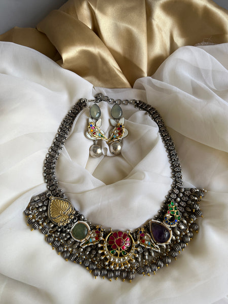 Reconstructed Kundan brass necklace with parrot earrings