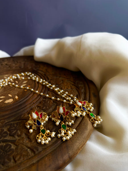 Kundan lotus pendant with studs and Pearl maala