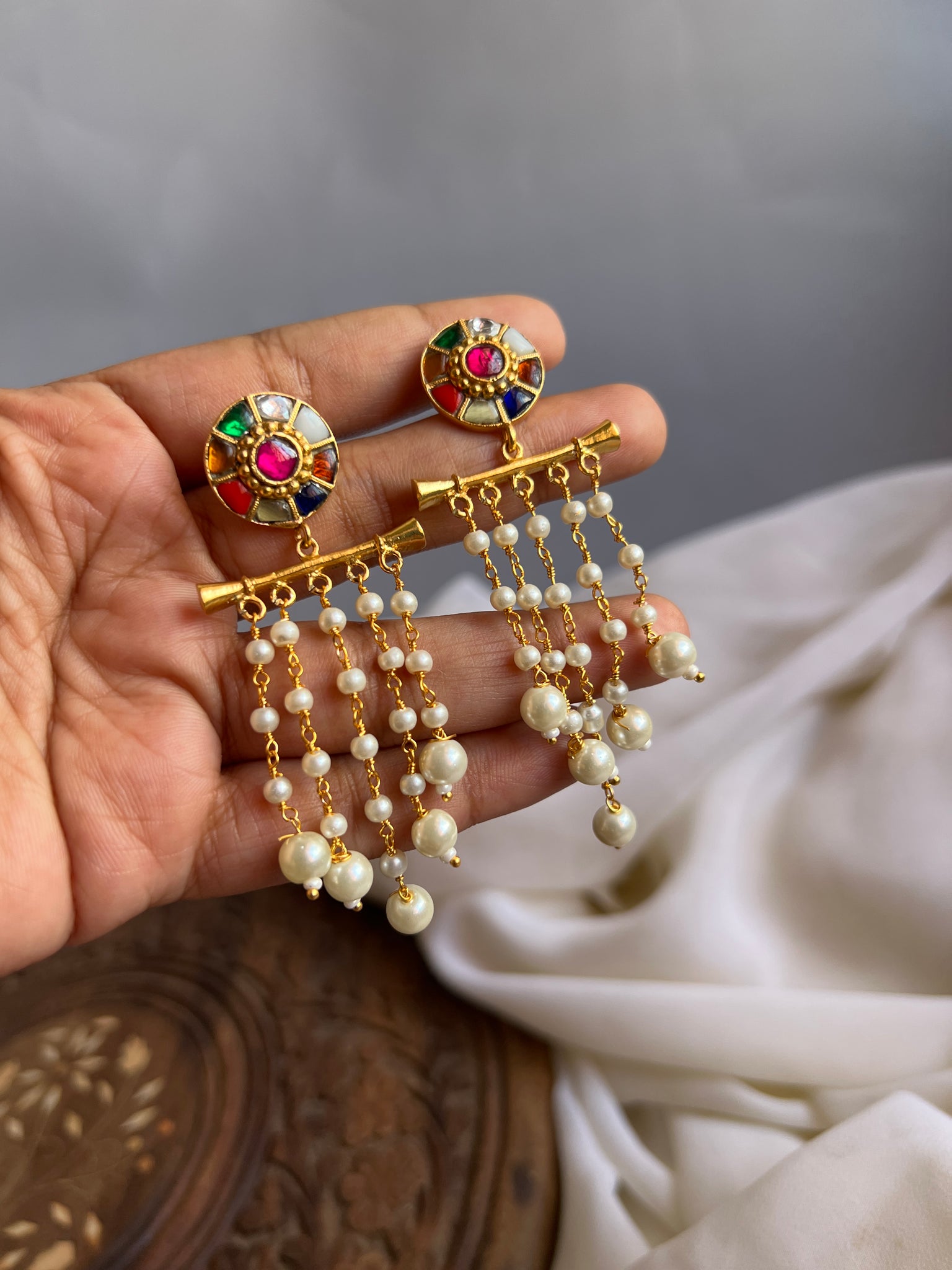 Kundan  chakra Pearl danglers