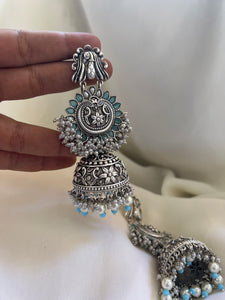 Blue oxidised peacock Jhumkas