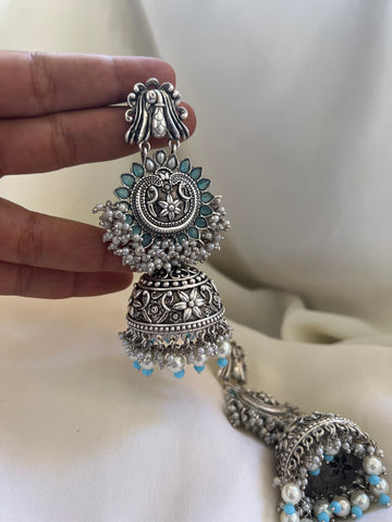 Blue oxidised peacock Jhumkas