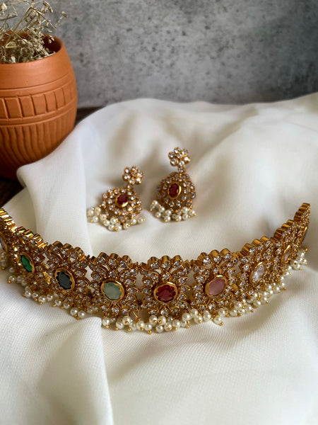 Navaratna high neck choker with studs