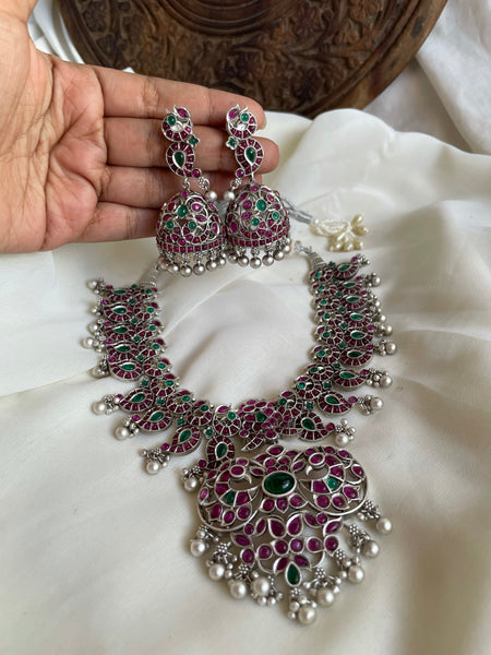 Silver polish Kemp manga necklace with Jhumkas