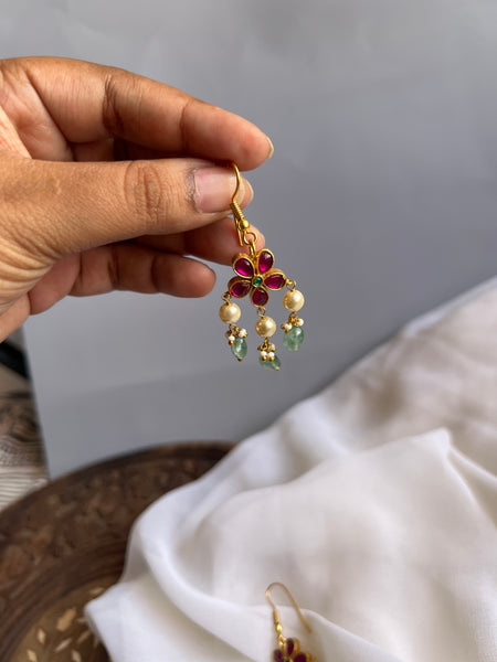 Kundan flower hook earrings