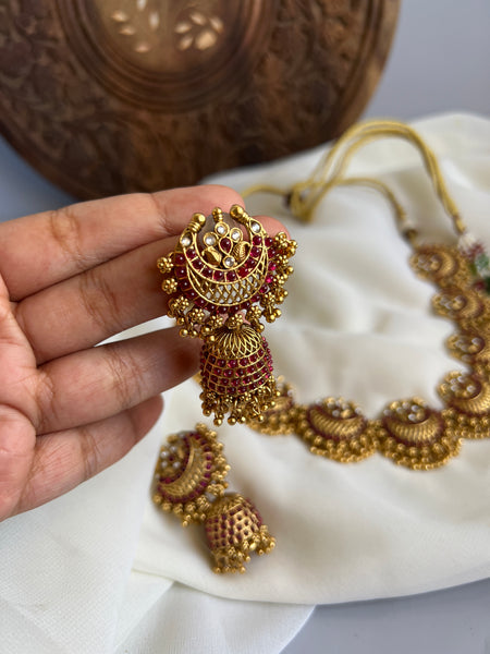 Kemp ruby chaand necklace with Jhumkas