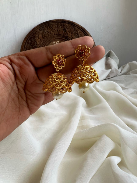 Small cutwork jhumkas with ruby flower