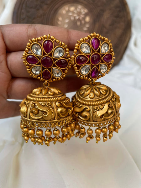 Kemp flower Matte Jhumkas with bead work- 5 Colors