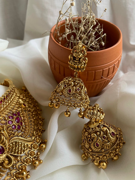 Lakshmi kemp peacock full neck choker with jhumkas