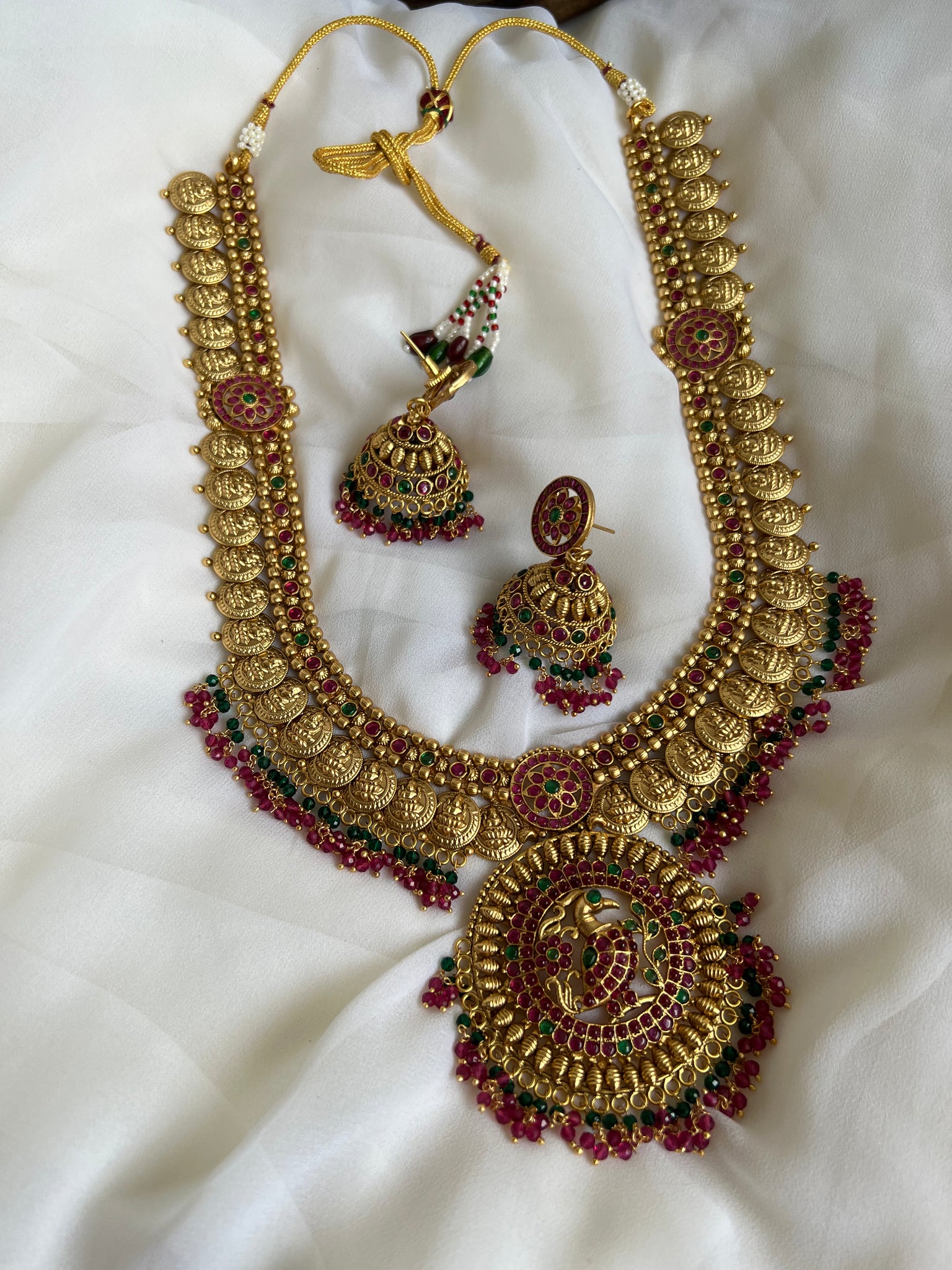 Kemp flower Lakshmi coin haram with Jhumkas