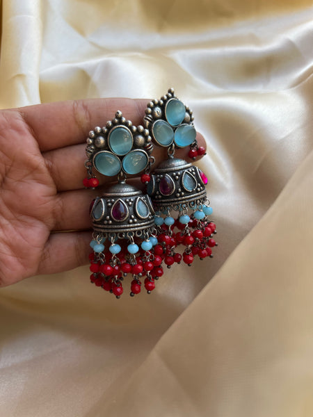 Colourful stone oxidised Jhumkas