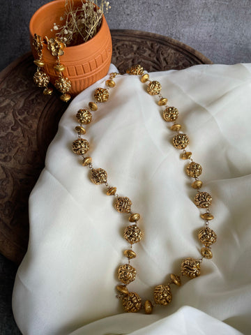 Antique golden bead maala with earrings - PREMIUM