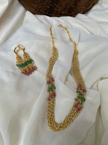 Multi color Pearl maala with earrings - 8/12/14 layer