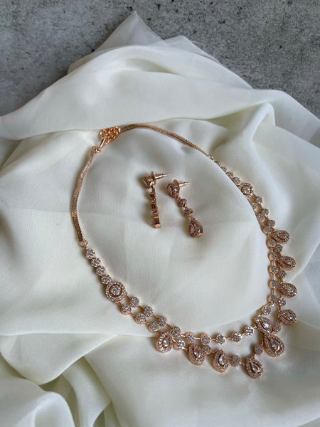 2 layer rose gold necklace with earrings