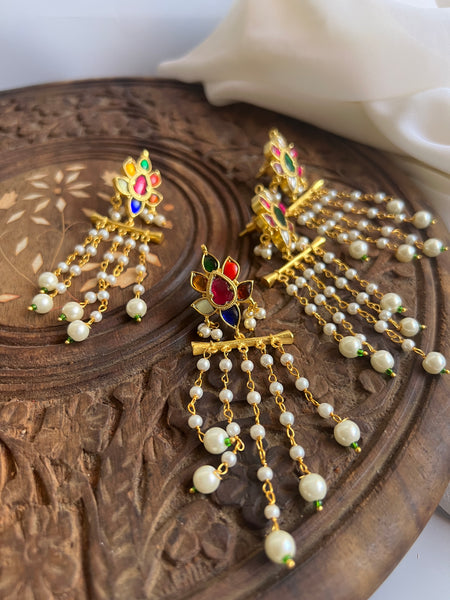Navaratna stud Pearl danglers