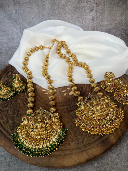 Antique temple necklace with Lakshmi jhumkas