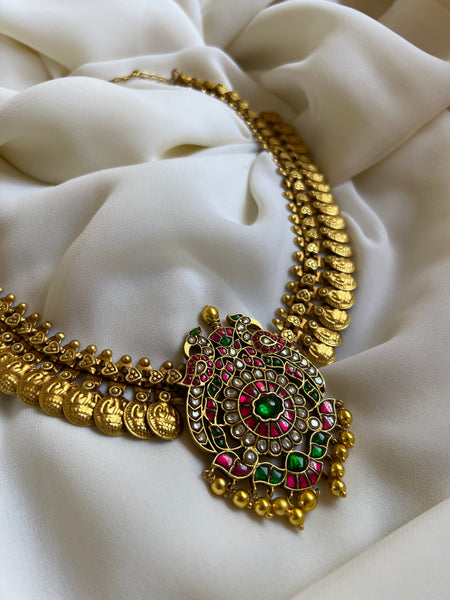 Dual peacock Kundan coin necklace