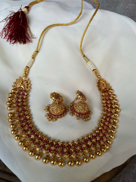 Gold like Ruby antique necklace with jhumkas