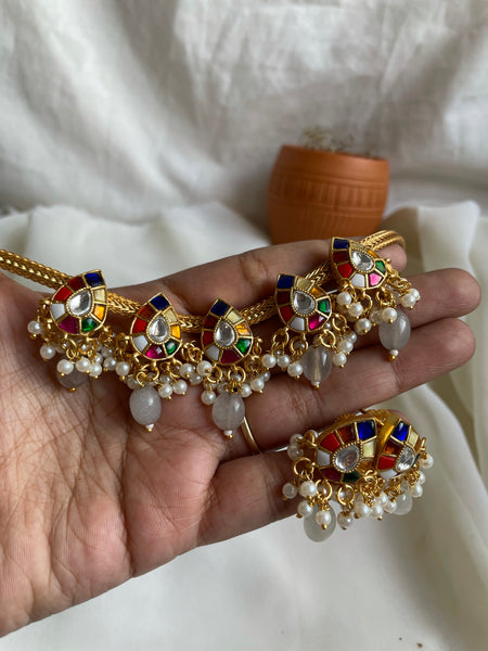 Navaratna Kundan tear drop necklace with grey beadwork