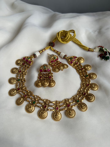 Kemp Lakshmi coin Jaali necklace with studs