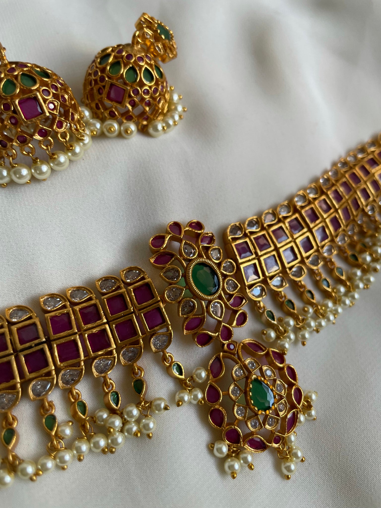 Regal square kemp stone choker with Jhumka