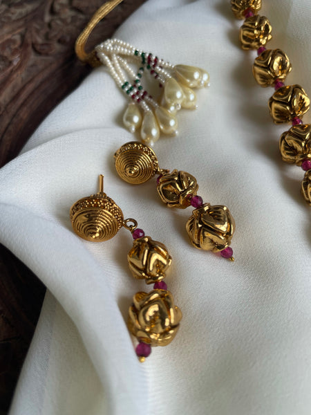 Antique Golden bead maala with earrings