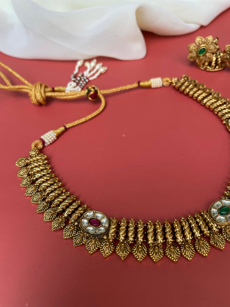 Kundan antique leaf necklace with Jhumkas