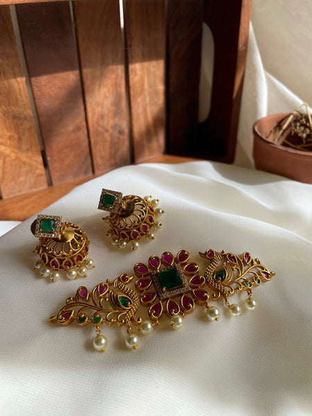 Square stone delicate choker with Jhumkas